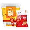 Musclife Peanut Butter container and High Protein Bars packaging with a red bow on a white background