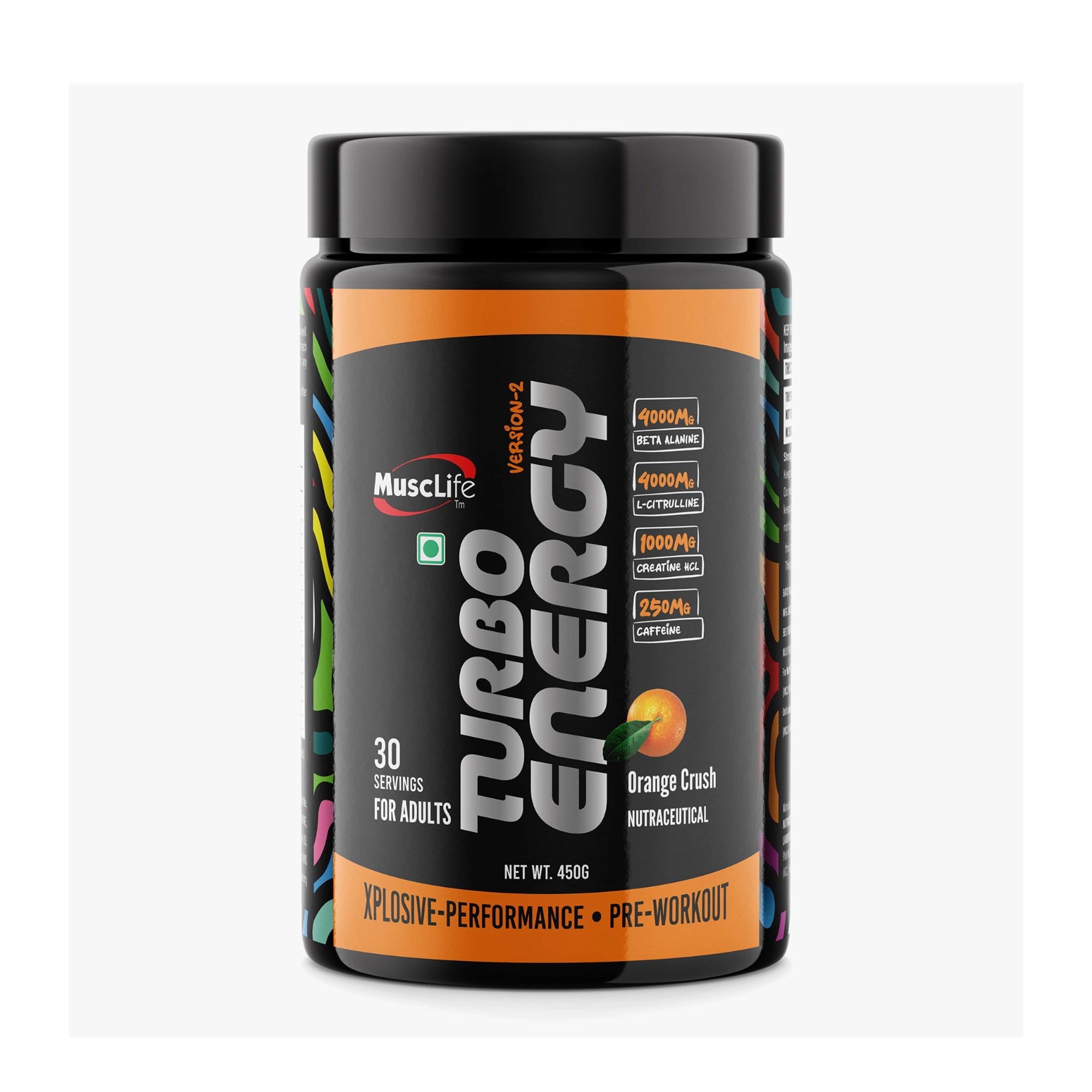 Musclife Turbo Energy Pre-Workout V2 Orange Crush flavor jar